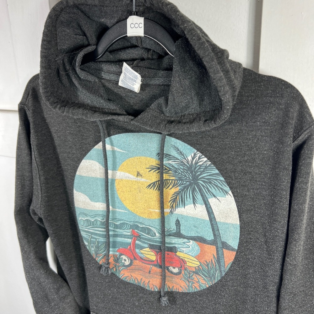 Delta Fleece Mens Small Charcoal Heather Beach Scooter Graphic Hoodie 1772